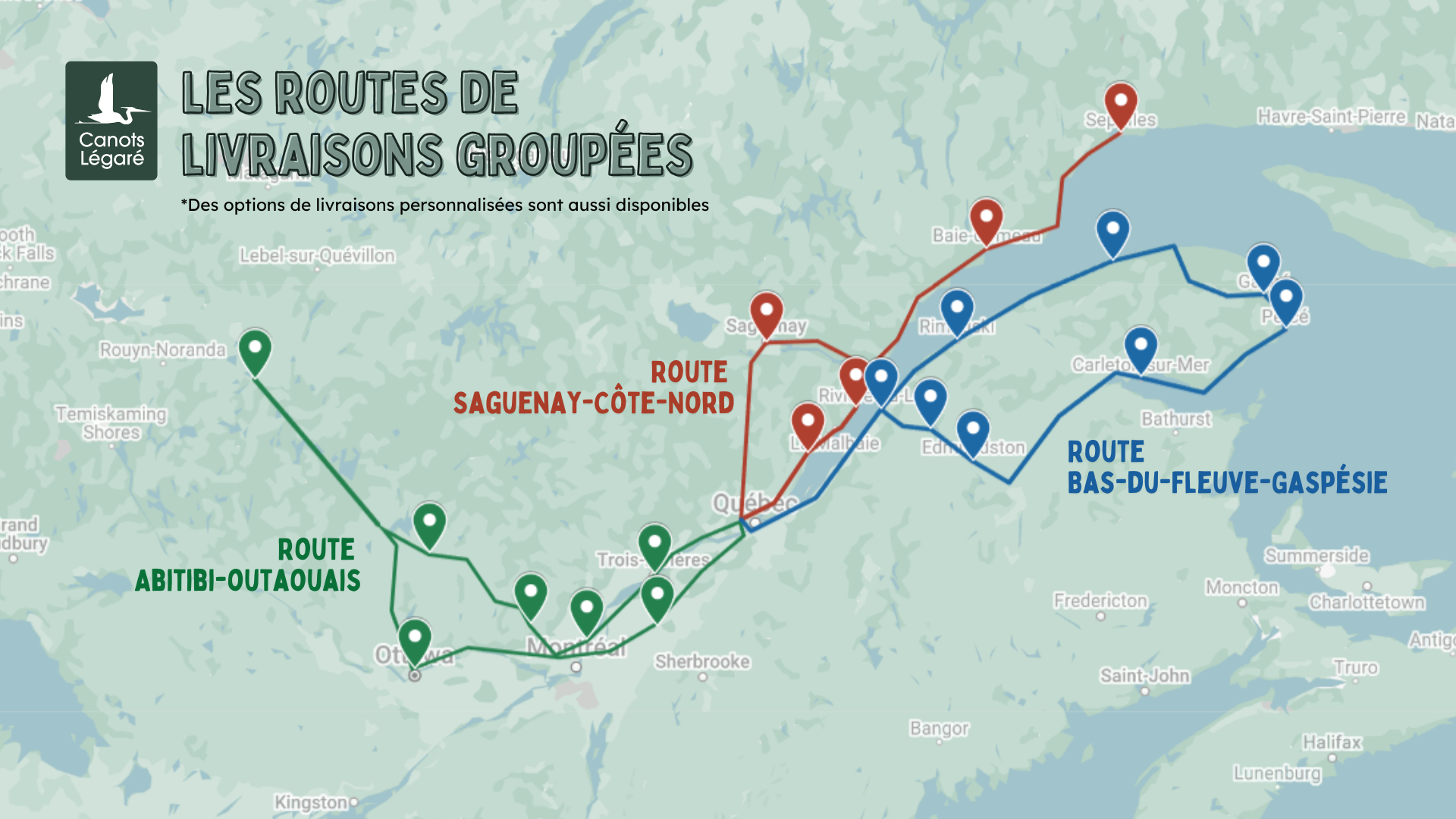 Carte des livraisons groupées chez Canots Légaré Trois routes de livraison au Québec